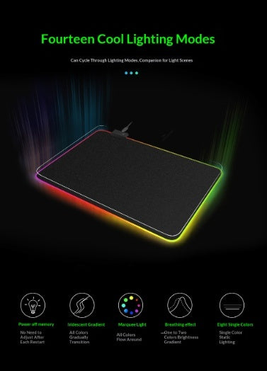 Almohadilla de juego luminosa, alfombrilla de ratón RGB silenciosa duradera y antideslizante negra para su escritorio